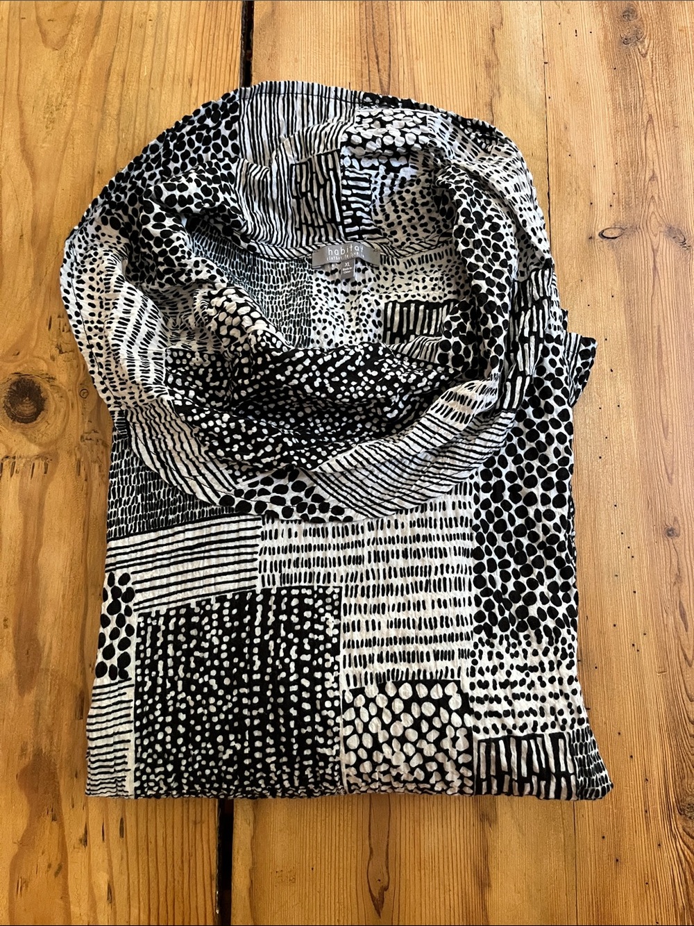 HABITAT XL Black & White Patchwork Cowl Neck Blouse 3/4 Sleeve Buttons